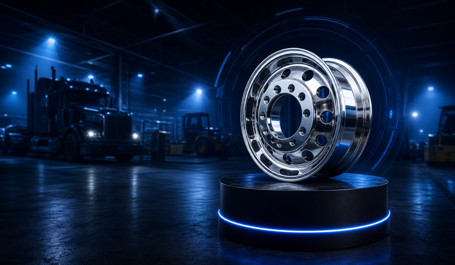 Roda cromada Orion em pedestal técnico com ambiente industrial azul